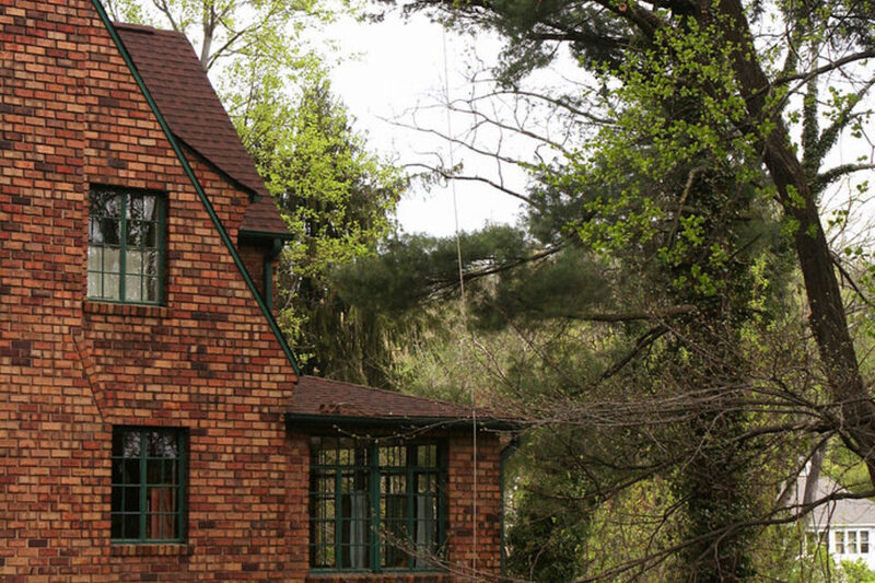 Arborist roped high in a tree pruning branches beside a brick home
